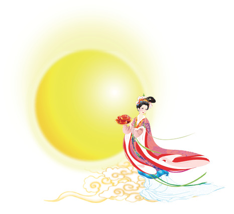手绘嫦娥奔月PNG透明图，中秋佳节创意元素，高清下载