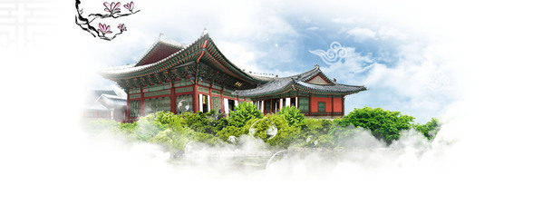 韩国传统建筑精美背景，高清PNG透明Banner海报设计素材下载