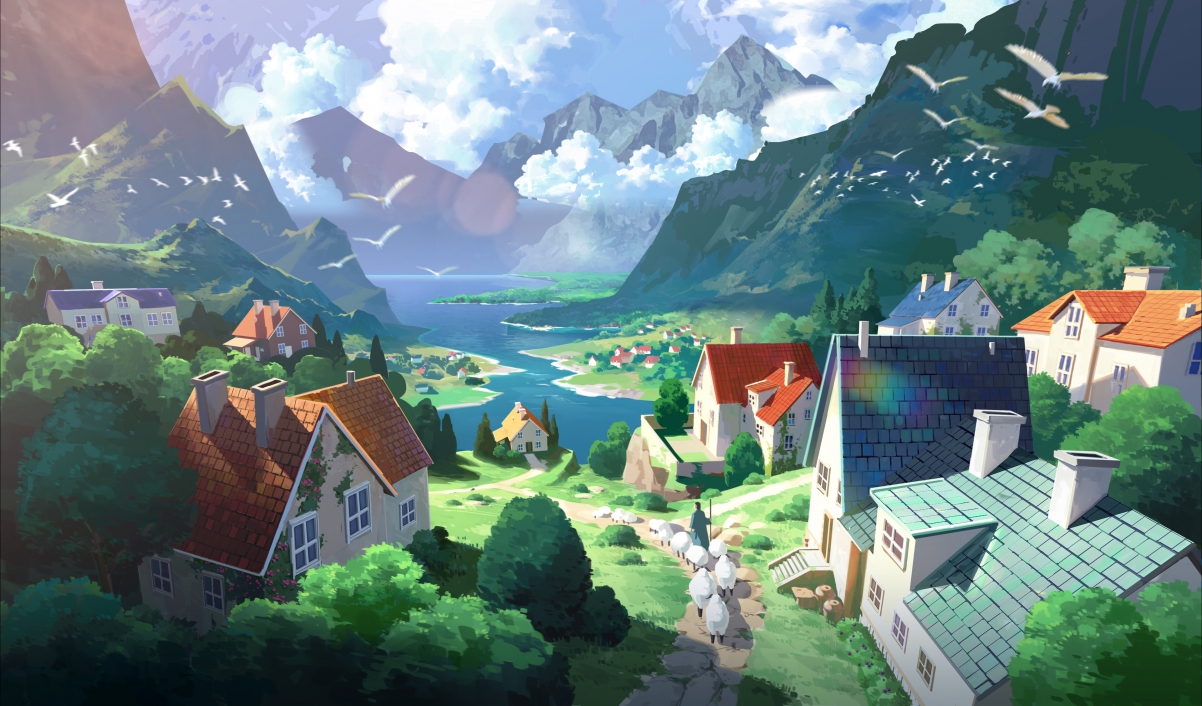 绝美4K动漫海景别墅壁纸，天空山景尽收眼底，高清3840x2257下载