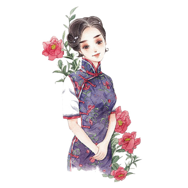 古典旗袍美女手绘PNG，高清透明图片，卡通元素设计素材下载