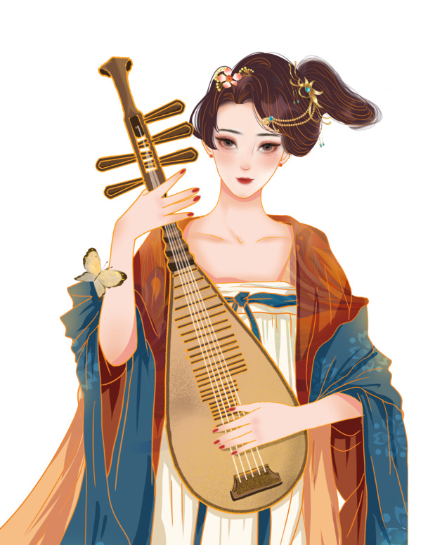 中国风汉服美女弹琵琶手绘PNG素材，高清透明卡通元素下载