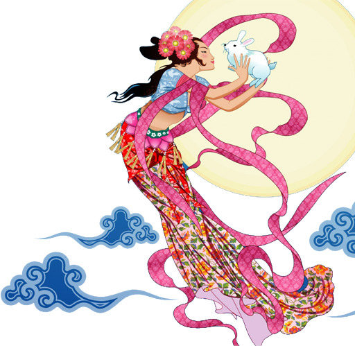 中秋佳节，古典美女、月亮玉兔PNG透明图片，高清素材下载