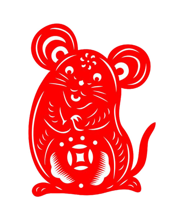 红色剪纸老鼠PNG透明图，动植物元素动物设计素材下载