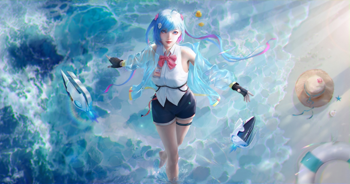 海滩少女厚涂插画，大长腿短裤魅力四溢，4K高清动漫壁纸免费下载