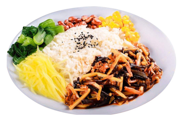 鱼香肉丝盖浇饭高清PNG素材，透明免扣元素，1080X715尺寸设计资源下载