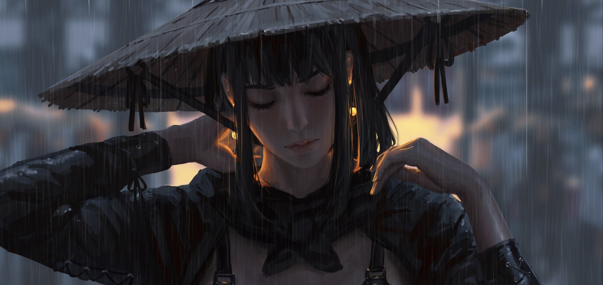 女孩佩戴斗笠耳环，雨中漫步，精选4K动漫壁纸，超清4569x2160下载