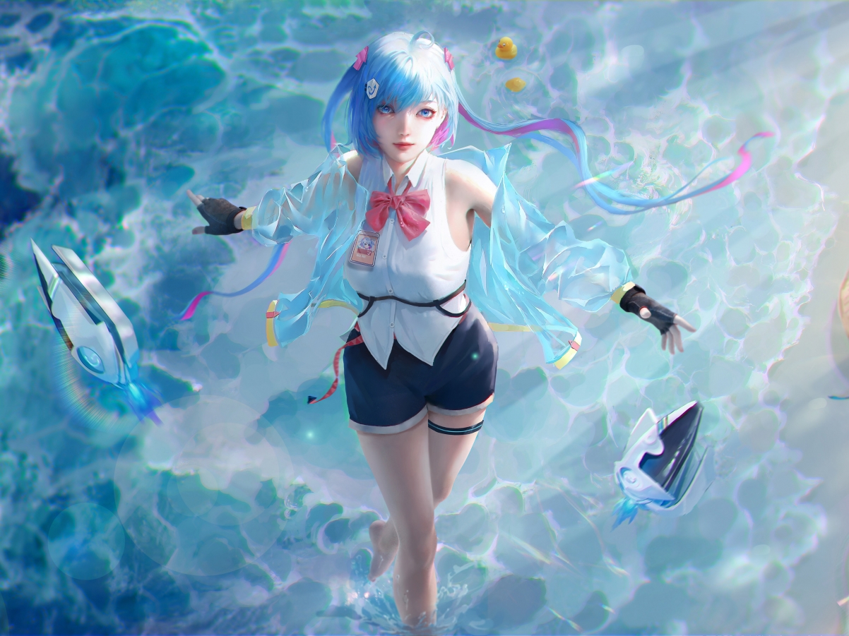 海滩少女厚涂插画，治愈系动漫平板壁纸，高清2732x2048下载