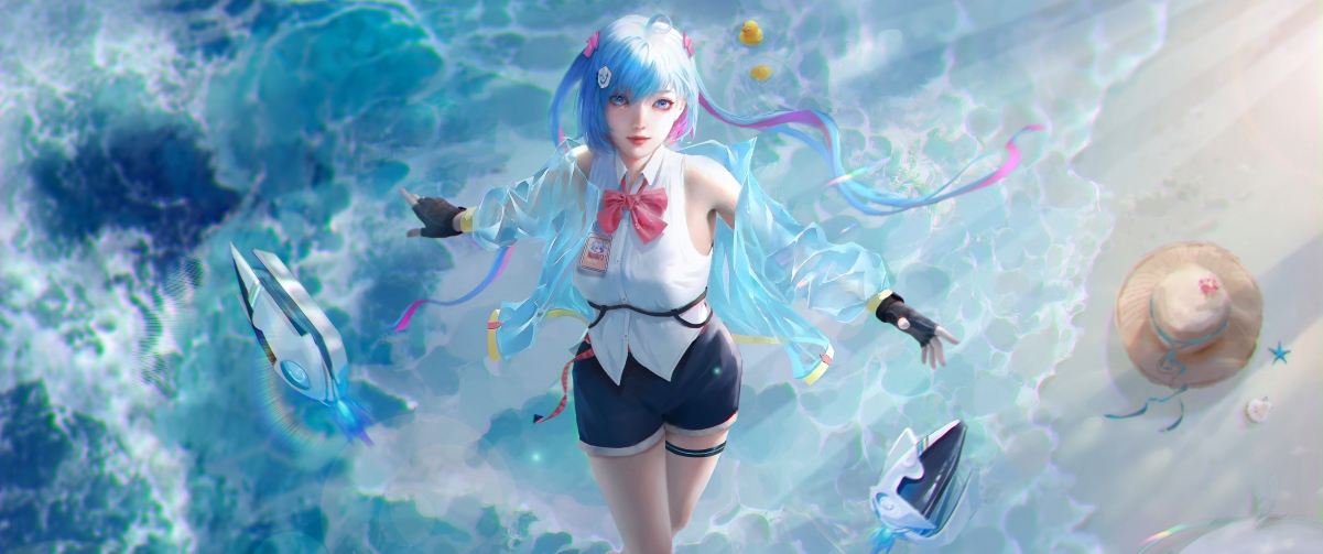 海滩少女厚涂插画，高清4K动漫壁纸，带鱼屏3440x1440下载