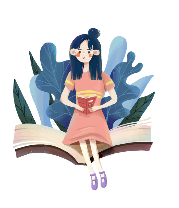 教师节致敬，女孩静心阅读手绘卡通PNG透明图片，PSD设计素材免费下载
