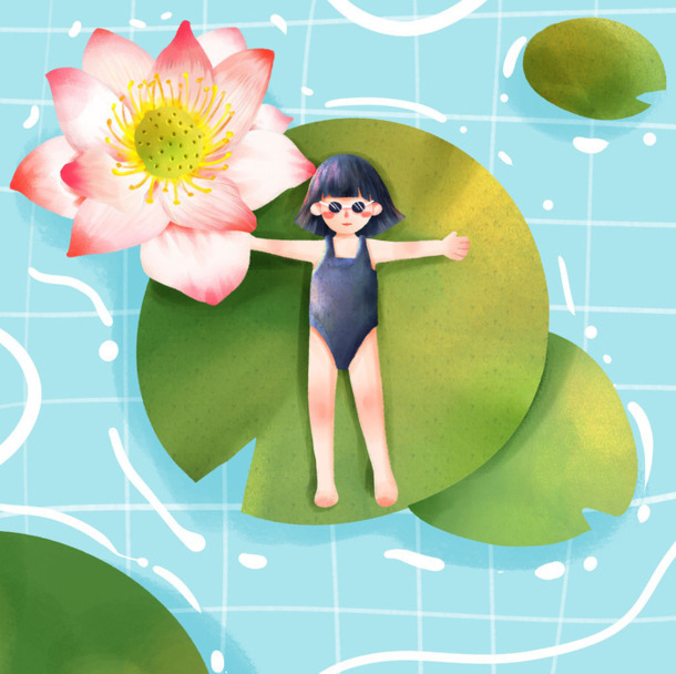 夏日女孩畅游插画，高清PNG透明背景，卡通手绘风格，设计素材免费下载