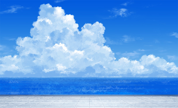 蓝天白云大海水彩画背景，高清PNG透明元素，创意海报设计素材下载