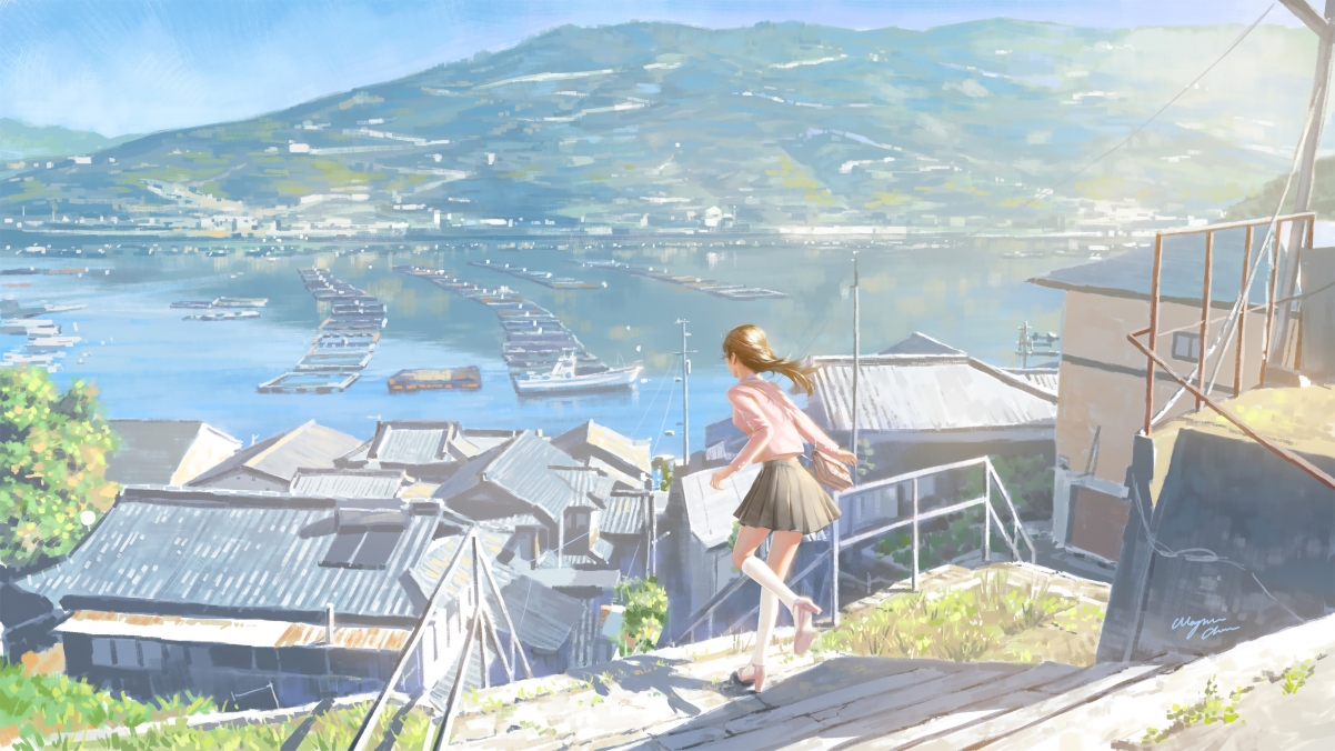 4K高清动漫壁纸，海边风景，女孩背影与百褶裙，绝美壁纸下载