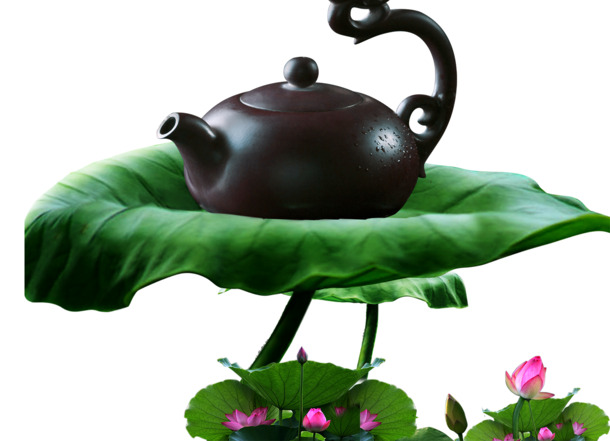 荷叶茶壶透明PNG，中国风装饰PSD设计素材，高清下载