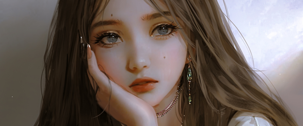动漫女孩厚涂托腮，4K带鱼屏壁纸，高清3440x1440下载