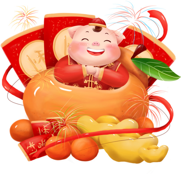 下载元宝聚宝盆猪财神PNG透明图，元旦春节元宵节日元素素材