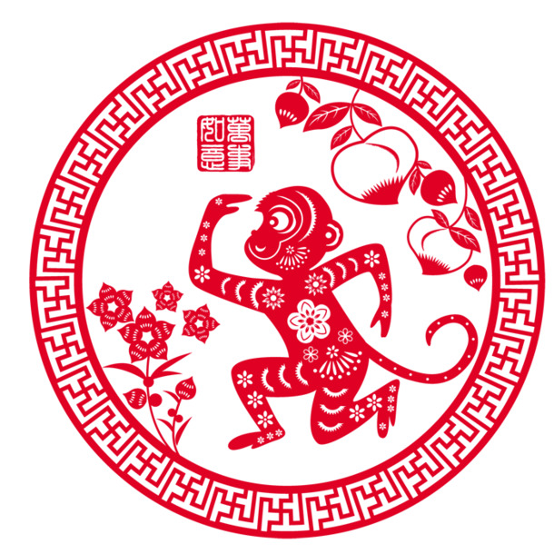 中国风剪纸蟠桃猴子图案，高清PNG透明圆环素材，免费下载