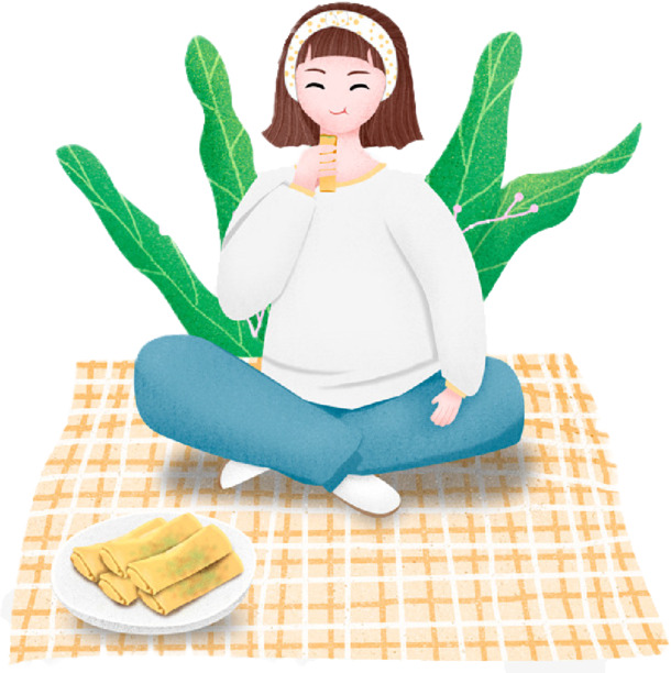 春分佳日，女孩品尝春卷高清PNG透明图，节日素材免费下载