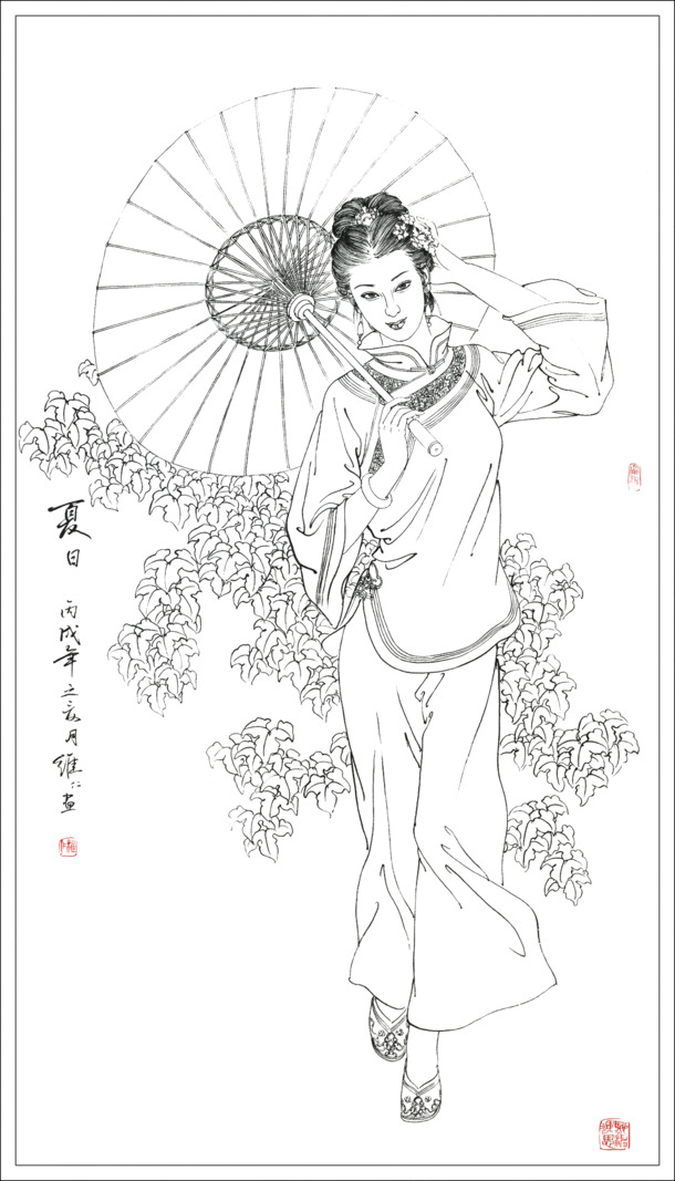 工笔白描仕女PNG透明图，高清装饰元素，墨迹笔触设计素材下载