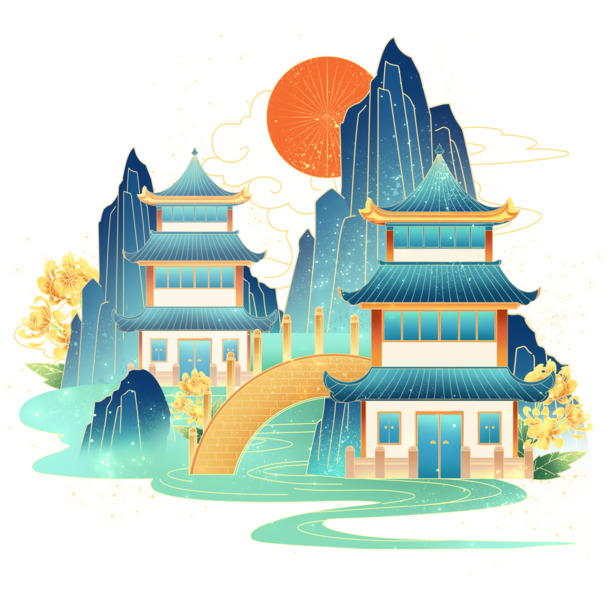 国潮风落日建筑PNG免抠素材，高清透明图片，设计元素丰富下载
