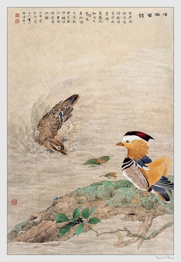 邹传安国画鸳鸯戏水PNG透明背景，高清H5设计素材免费下载