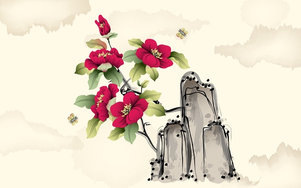 水墨青山粉花点缀，古典中国风PNG透明背景素材下载