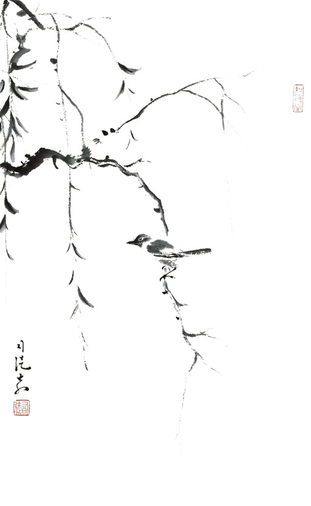 柳树水墨画高清PNG，透明装饰元素，笔触墨迹，设计素材下载