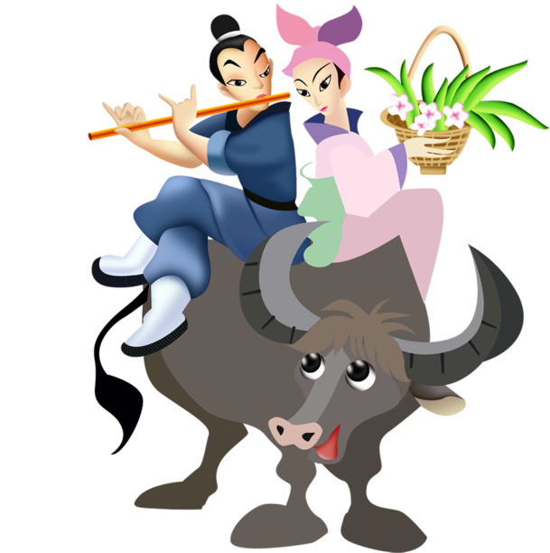 七夕卡通牛郎织女PNG透明图，高清节日元素，情人节设计素材下载