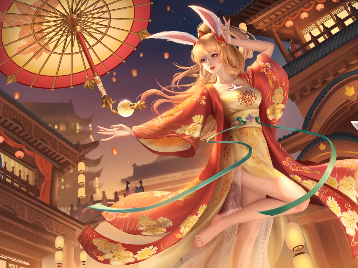 女孩兔耳红裳，撑伞放灯，唯美平板壁纸，高清2732x2048免费下载