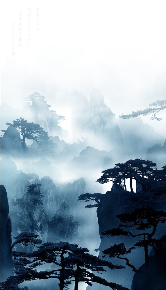 唯美古风山水画PNG透明素材，中国风设计元素高清下载