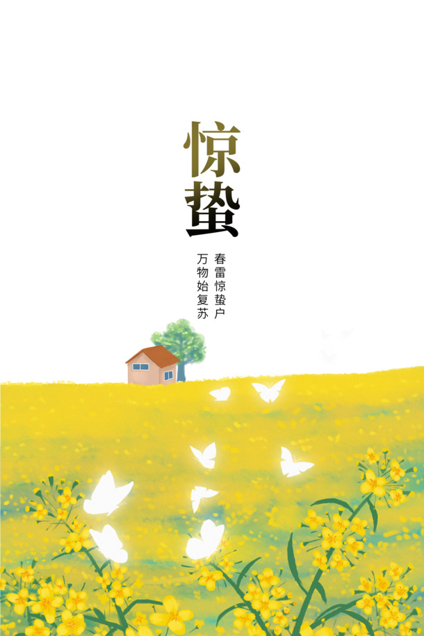 惊蛰节气手绘卡通油菜花蝴蝶PNG/PSD高清透明设计素材下载