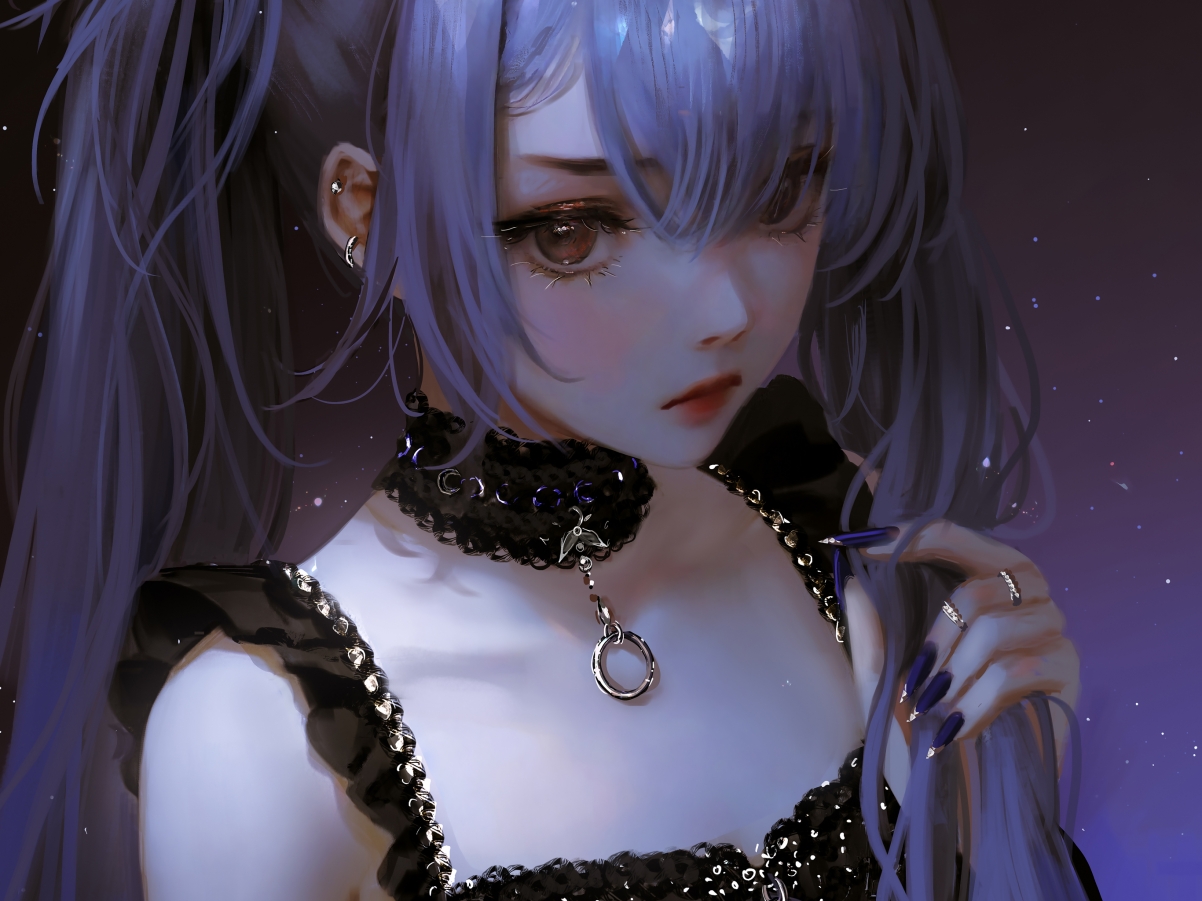 长辫少女黑裙倩影，绝美厚涂动漫风，超清平板壁纸2732x2048下载