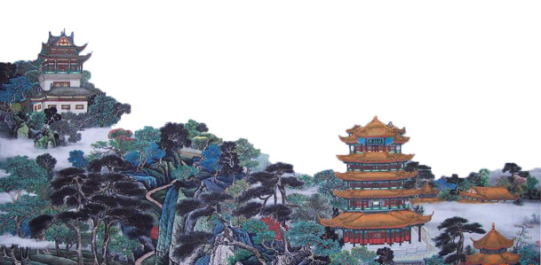 中国写实长轴画黄鹤楼，高清PNG透明背景，摄影风景设计素材下载