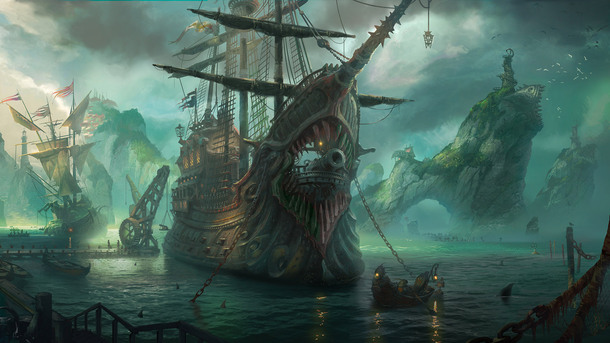 魔境船只卡通手绘壁纸，高清PNG透明背景，下载设计素材
