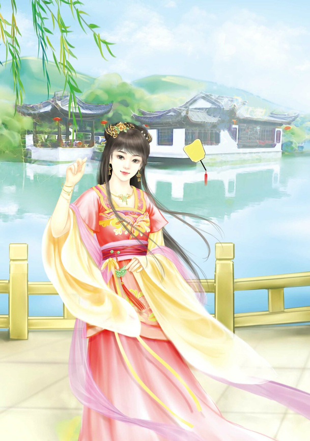 手绘西湖少女PNG透明背景，卡通风格设计素材下载