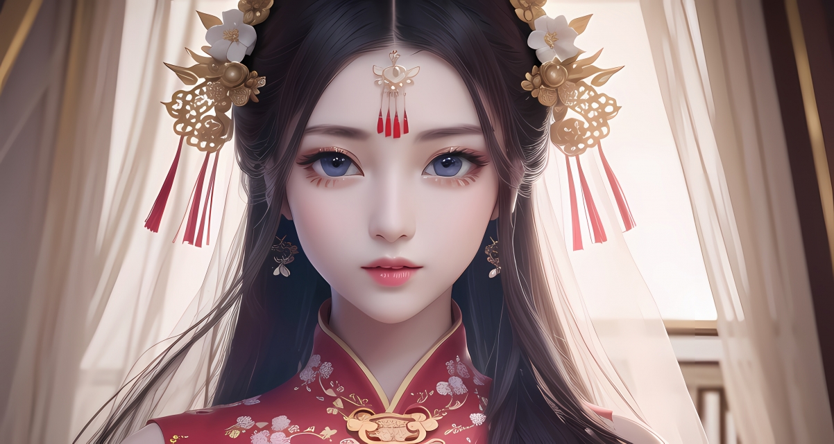 红色古装新娘头饰，AI动漫美女惊艳呈现，4K高清壁纸下载，3840x2048绝美画质