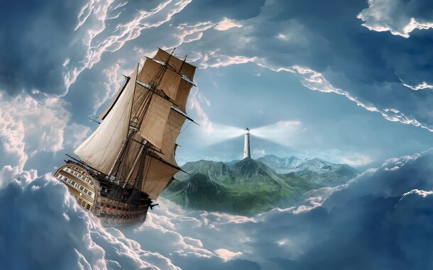 云层、帆船、灯塔魔幻海报背景，高清PNG透明图片，创意Banner设计素材下载