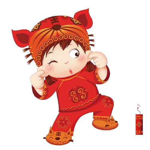 爆竹女孩卡通PNG，元旦春节元宵节日元素，高清透明图片素材下载