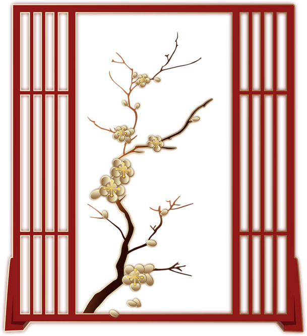 梅花手绘PNG透明图，金色红色窗框边框，节日氛围满满，春节元宵素材下载