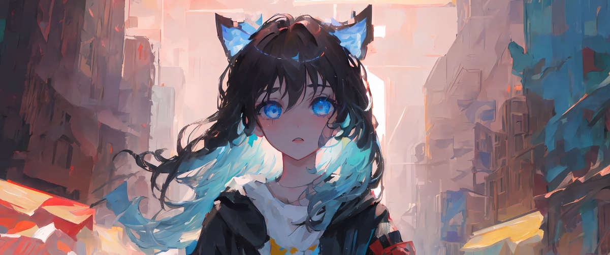 高清动漫壁纸，蓝眼猫娘4K带鱼屏美图，3440x1440分辨率免费下载