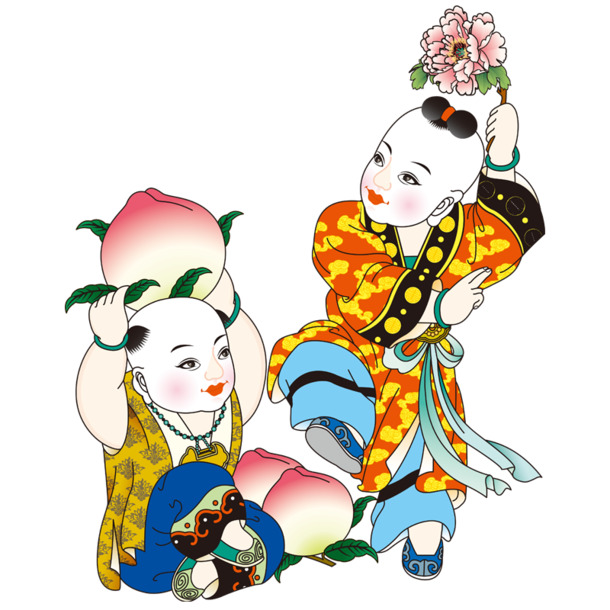 福娃手捧寿桃，高清PNG透明图片，节日氛围满满，元旦春节元宵素材免费下载