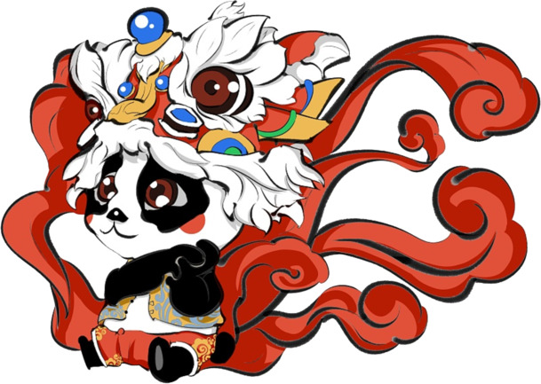 国潮手绘熊猫飘带PNG透明图，卡通插画素材高清下载