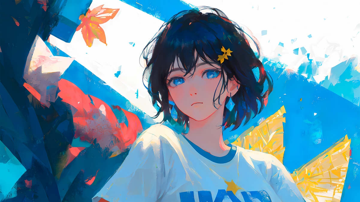 高清4K壁纸下载，蓝色眼眸黑发动漫少女，T恤配树叶，3840x2160分辨率