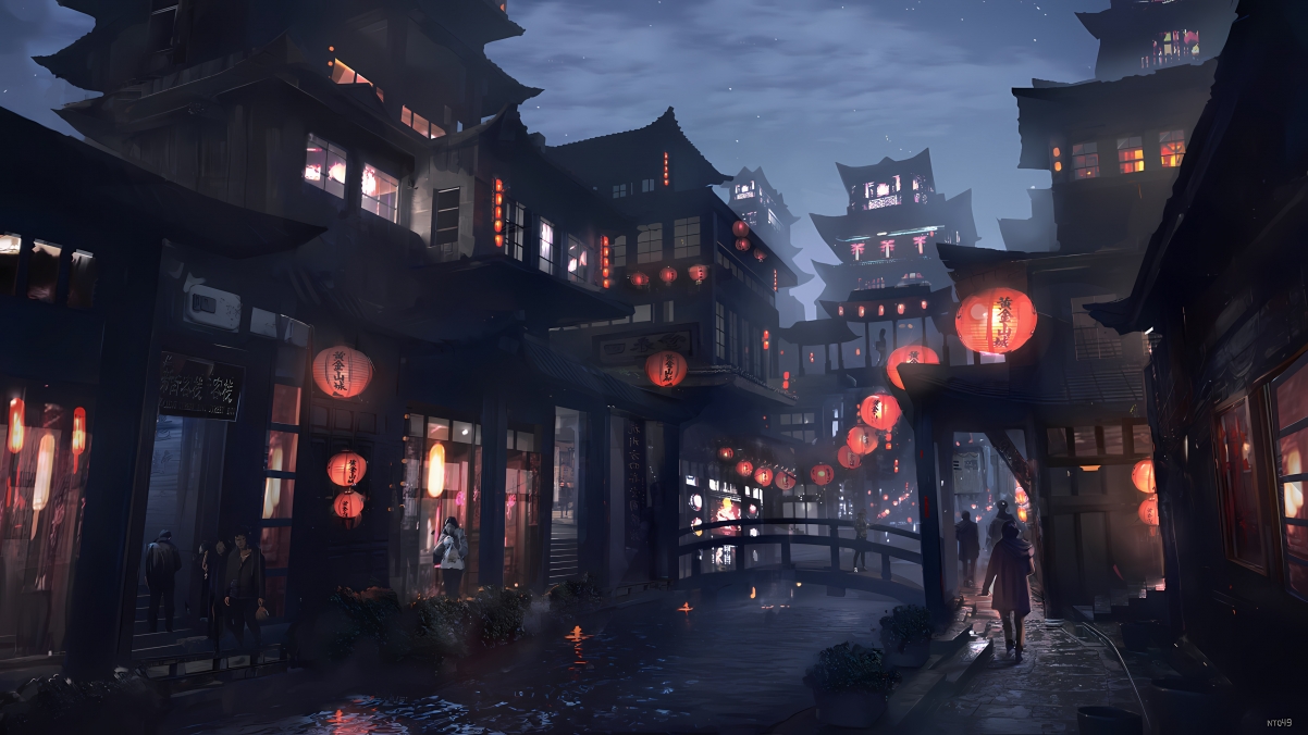 黄金山城夜景，古风灯笼客栈4K超清壁纸，高清动漫图片免费下载