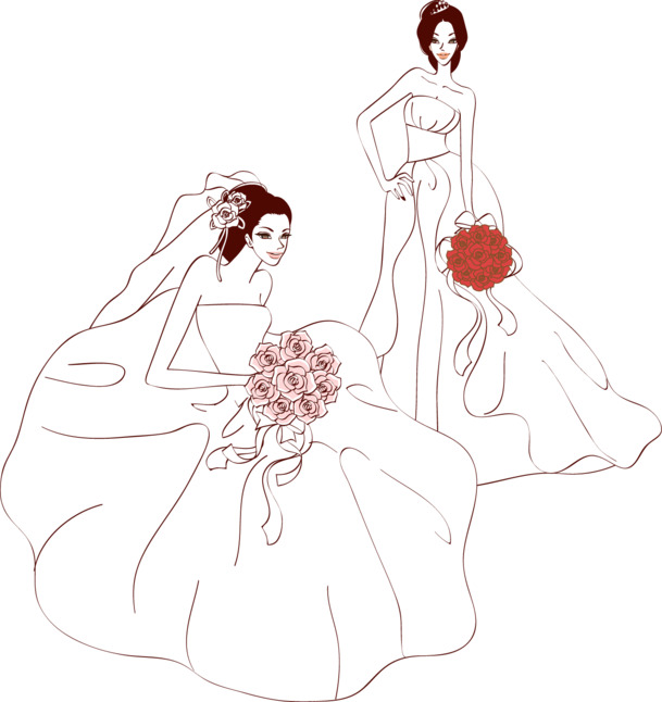 白色婚纱美女手绘卡通PNG，高清透明，情人节节日元素设计素材下载