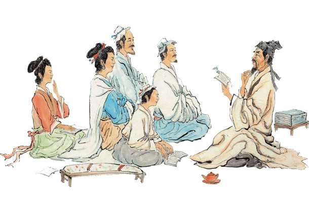 古代读书会手绘卡通PNG透明图片，高清素材下载