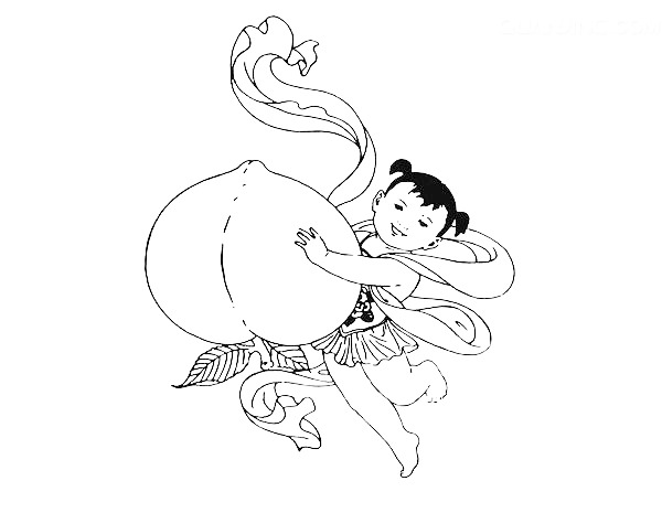 抱寿桃丝带娃娃PNG透明图，元旦春节元宵节日素材下载