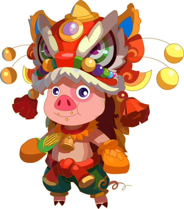 2019新年舞狮卡通猪PNG透明图，节日元素高清下载（元旦/春节/元宵）