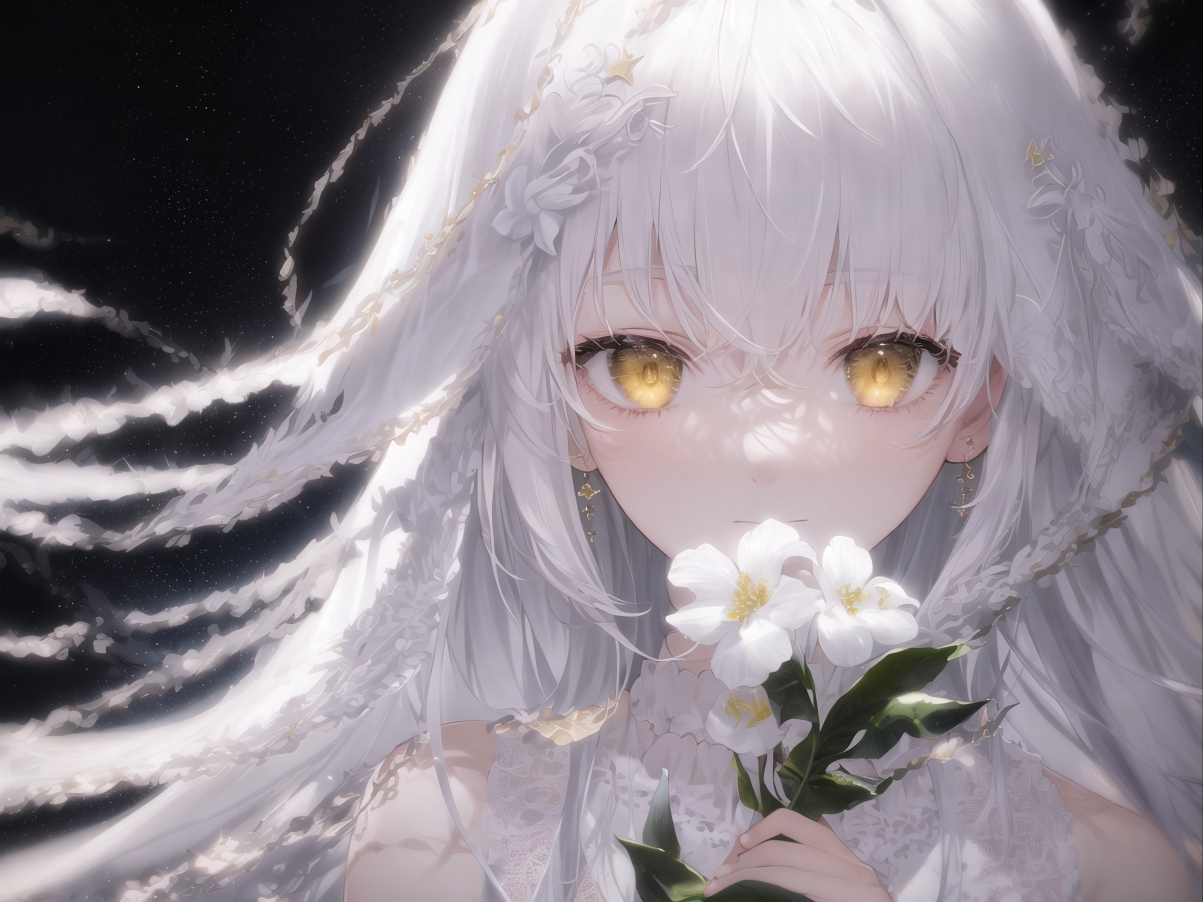 少女梦幻风，白色长发、黄色眼眸，鲜花相伴，超清4K动漫壁纸5120x3840免费下载