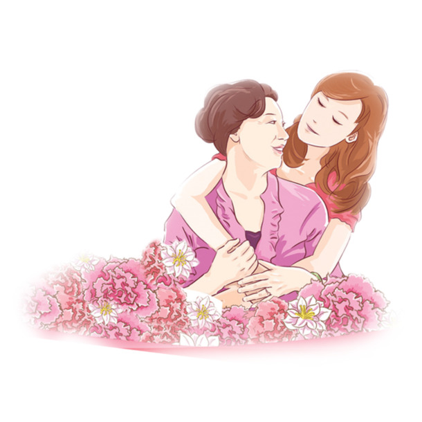 手绘粉色花朵母女PNG透明图，妇女节节日元素，高清设计素材下载