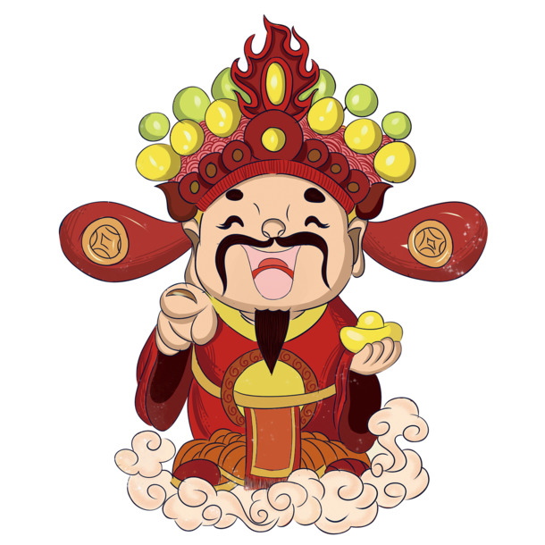 国潮风红色财神爷PNG透明图，手绘卡通元素，高清素材下载